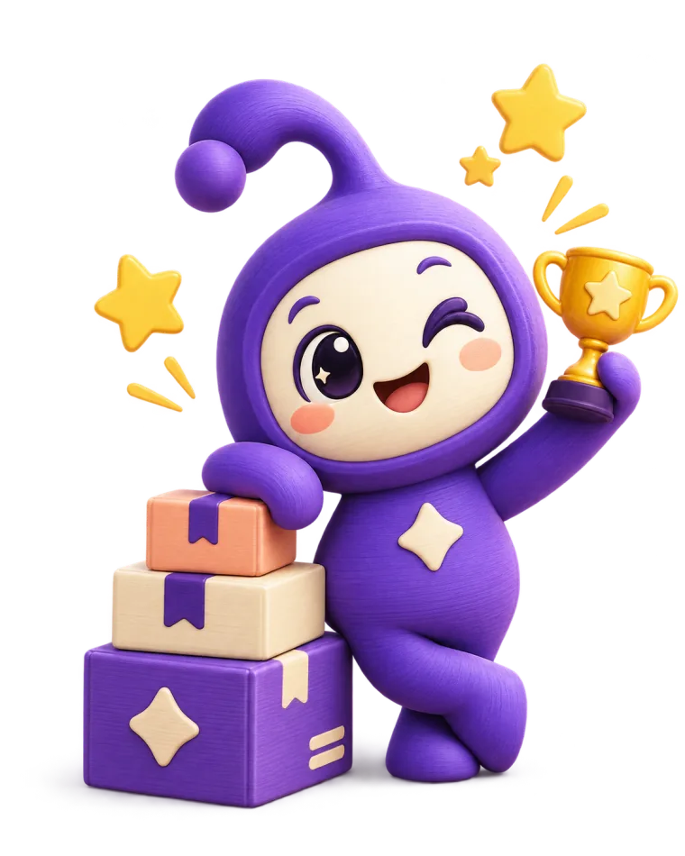 The Azoth mascot holding up a trophy beside a stack of parcels